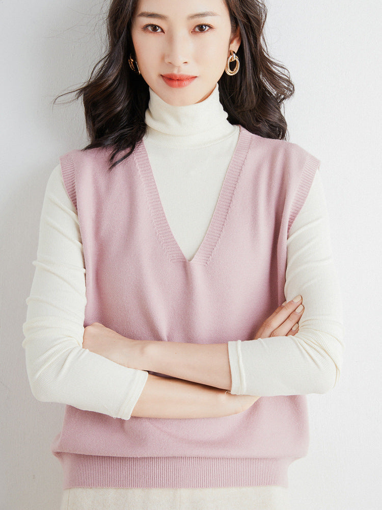 Women's Oversized V-Neck Fine-Knit Vest with Ribbed Hem
