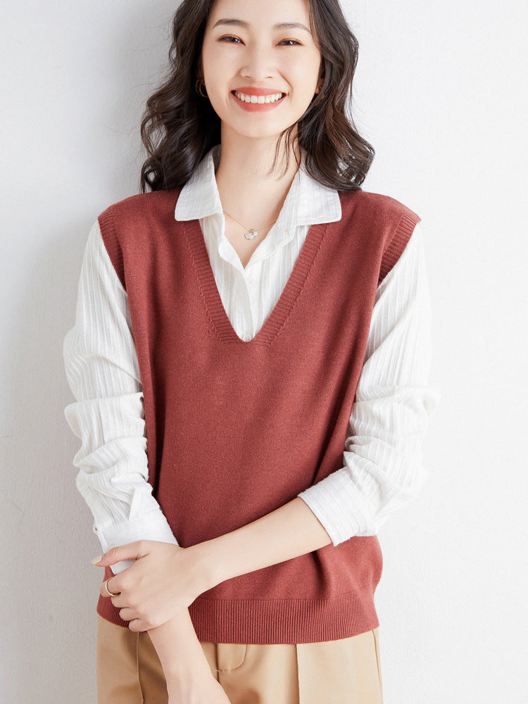 Women's Oversized V-Neck Fine-Knit Vest with Ribbed Hem