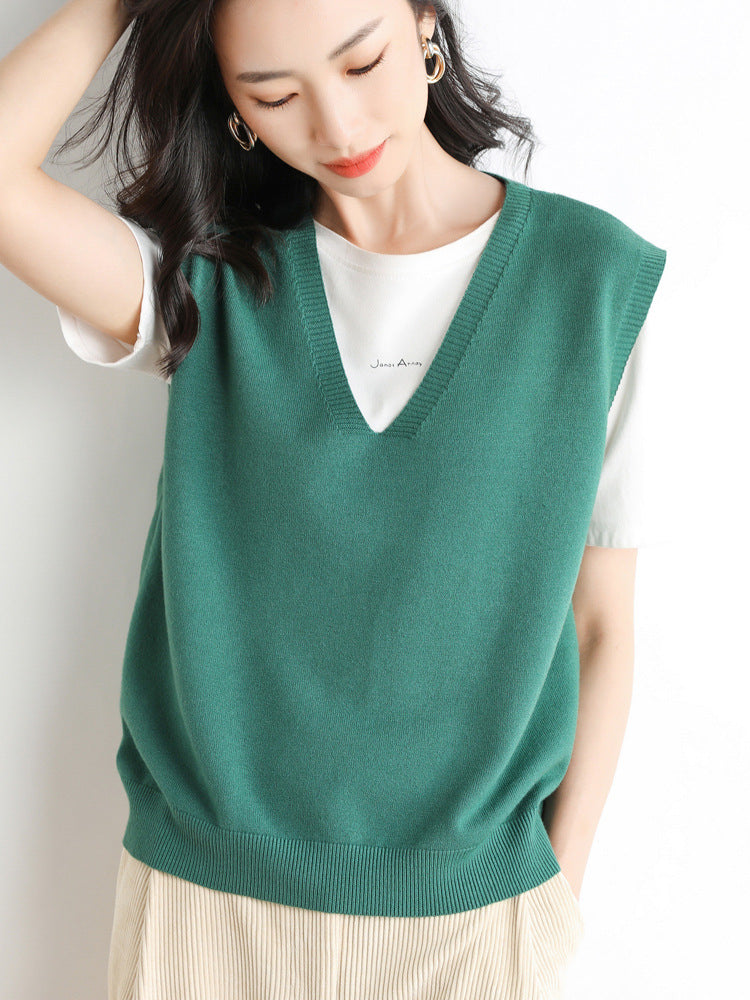 Women's Oversized V-Neck Fine-Knit Vest with Ribbed Hem