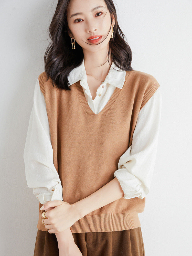Women's Oversized V-Neck Fine-Knit Vest with Ribbed Hem