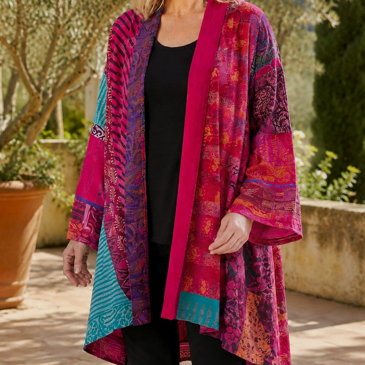 Women's Patchwork Open-Front Longline Cardigan with Wide Sleeves