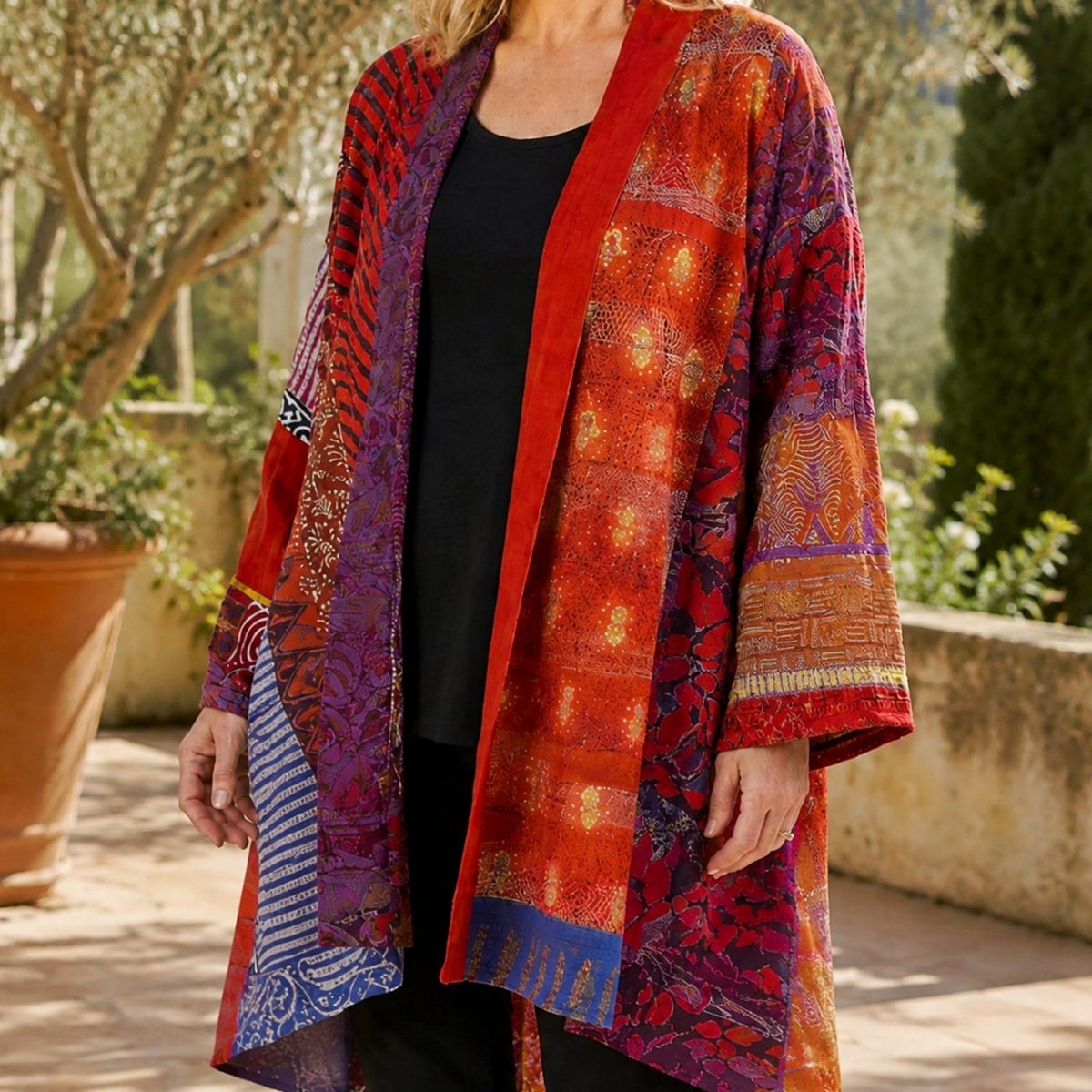 Women's Patchwork Open-Front Longline Cardigan with Wide Sleeves