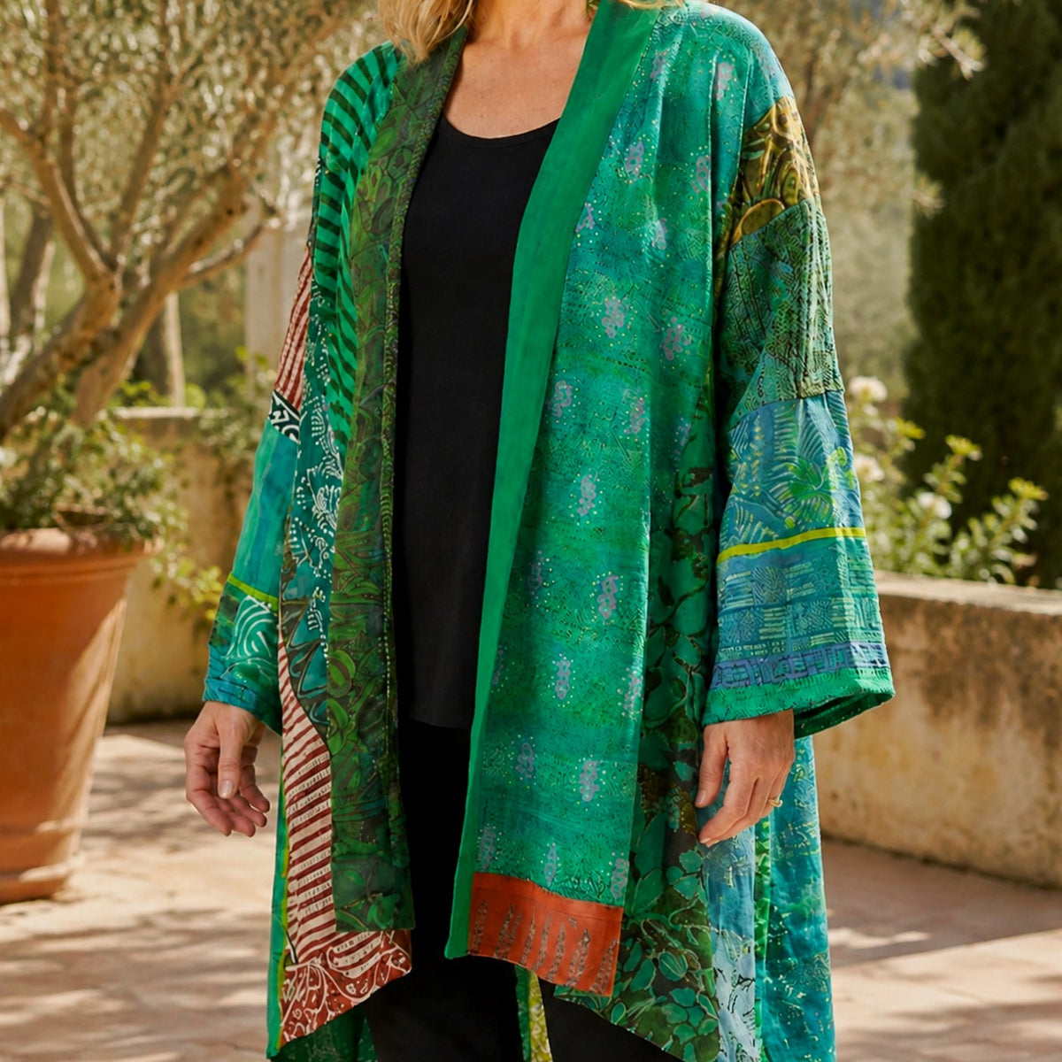 Women's Patchwork Open-Front Longline Cardigan with Wide Sleeves