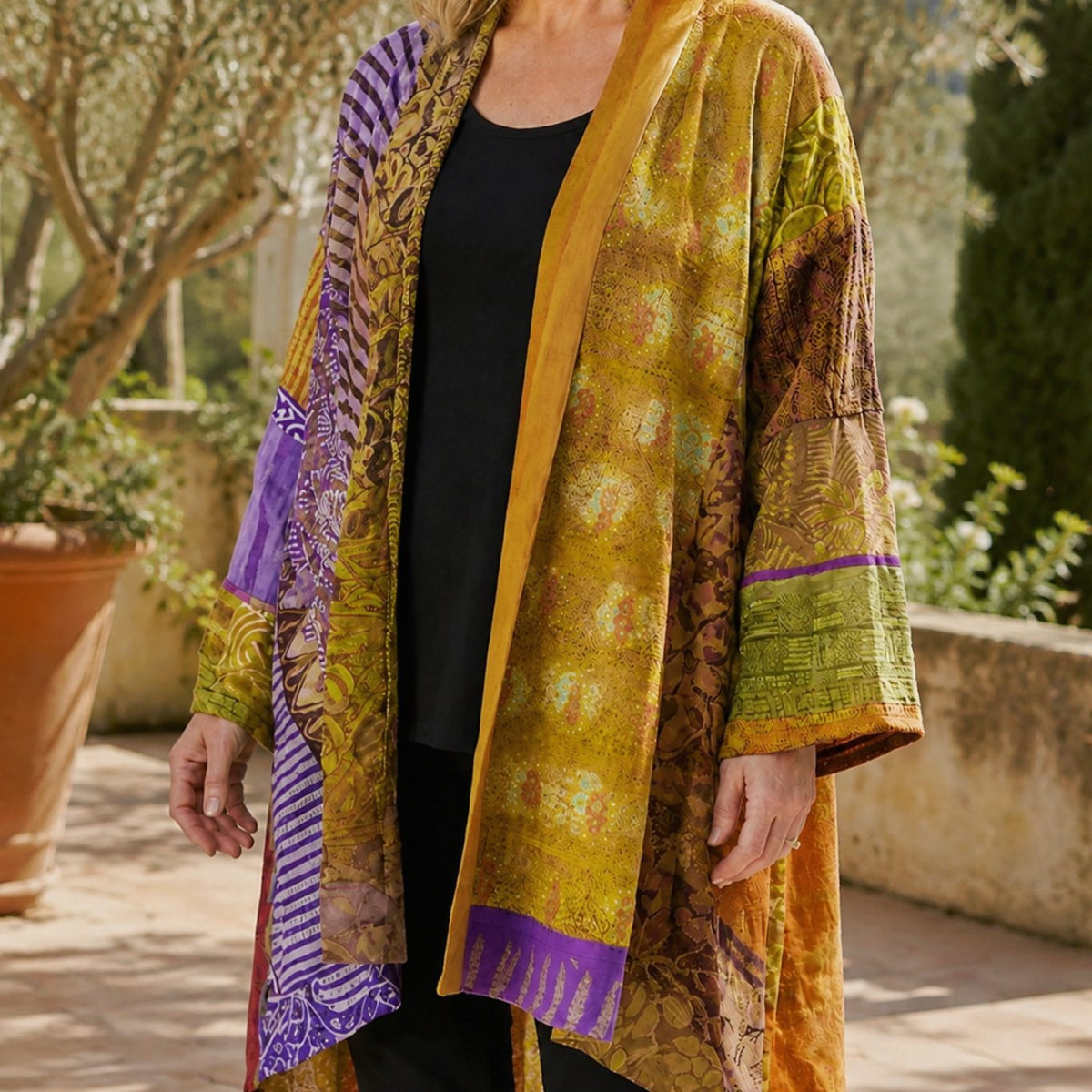 Women's Patchwork Open-Front Longline Cardigan with Wide Sleeves