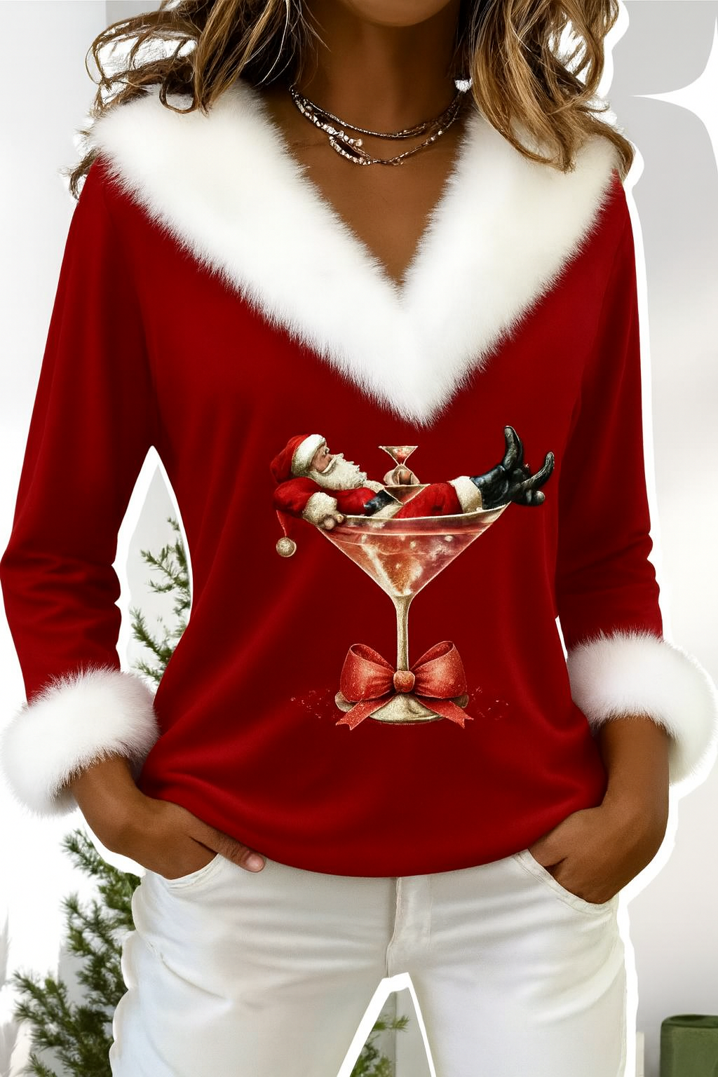 Women's Plush Sweater with Christmas Motif – Warm and Fluffy Christmas Top