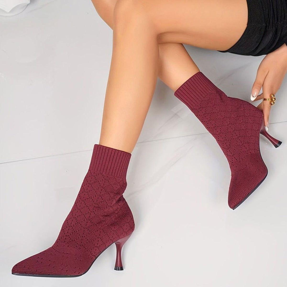 Women's Pointed-Toe Knit Sock Ankle Boots with Stiletto Heel