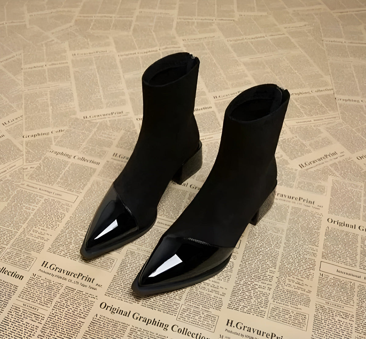 Women's Pointed Toe Zip-Up Block Heel Ankle Boots