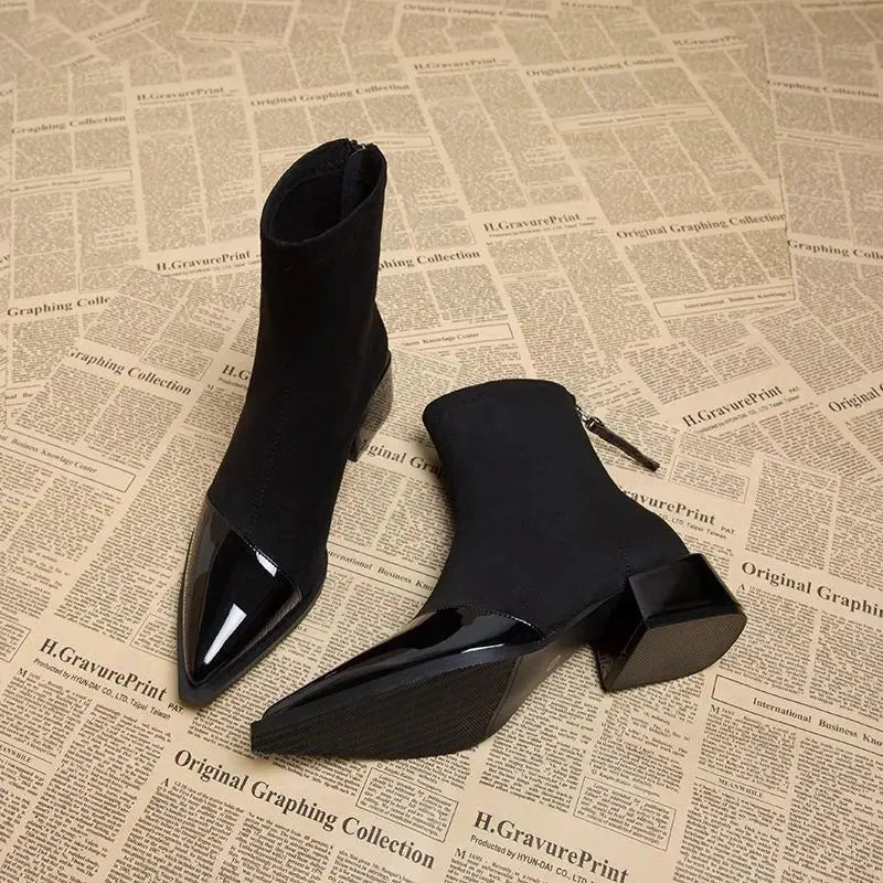Women's Pointed Toe Zip-Up Block Heel Ankle Boots