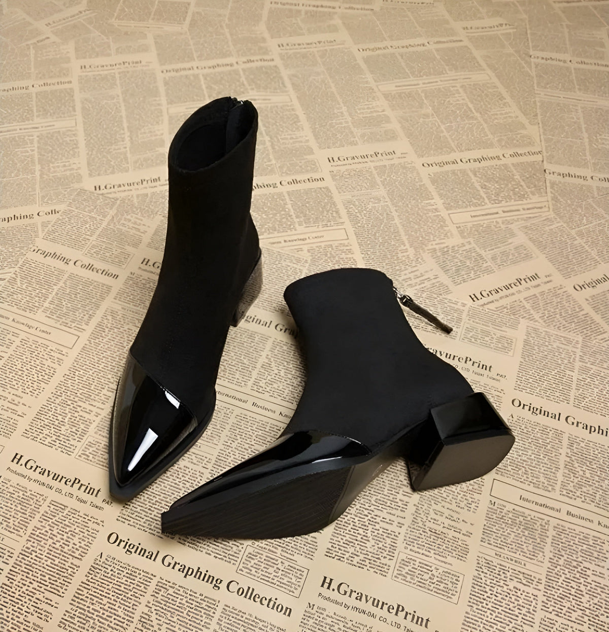 Women's Pointed Toe Zip-Up Block Heel Ankle Boots