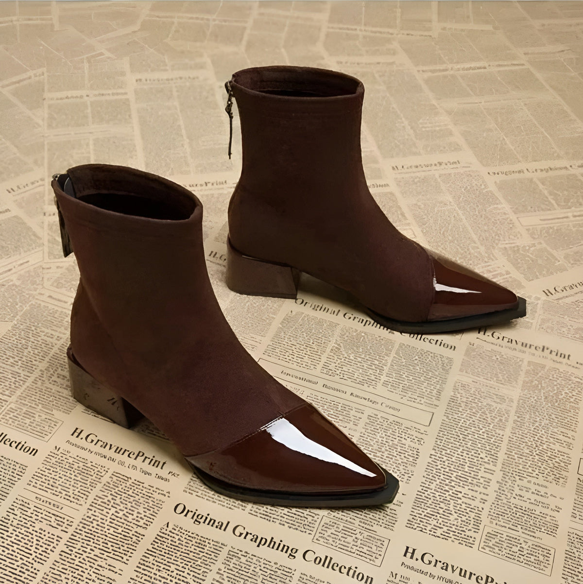Women's Pointed Toe Zip-Up Block Heel Ankle Boots
