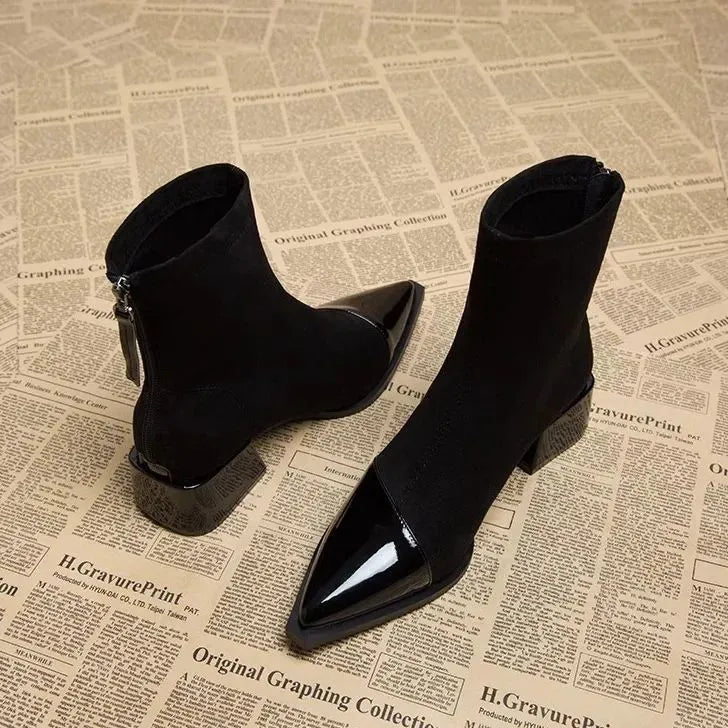 Women's Pointed Toe Zip-Up Block Heel Ankle Boots