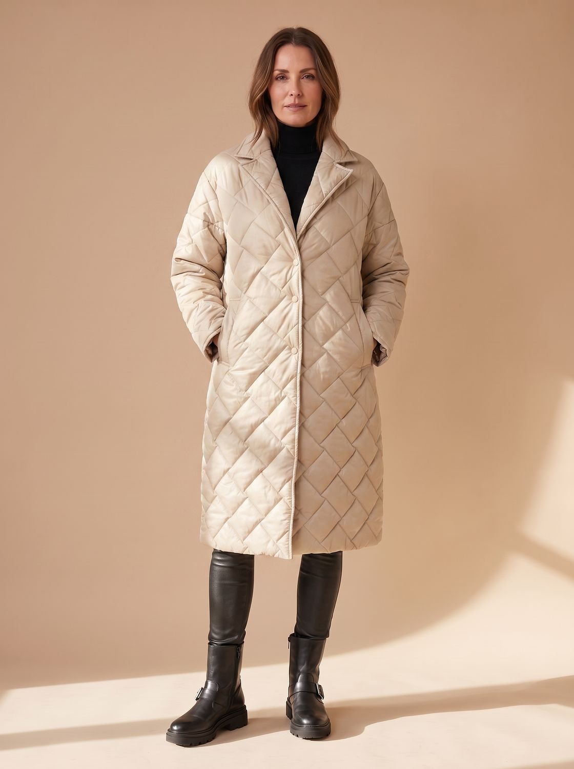 Women's Quilted Diamond-Stitch Mid-Length Winter Coat