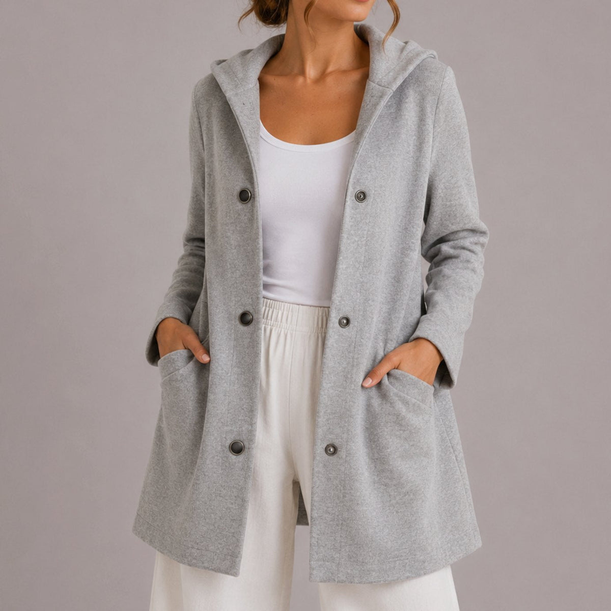 Women's Relaxed-Fit Hooded Button-Up Cardigan with Pockets
