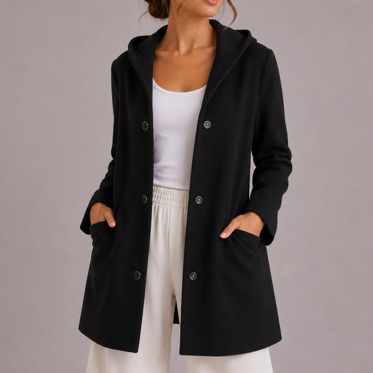 Women's Relaxed-Fit Hooded Button-Up Cardigan with Pockets