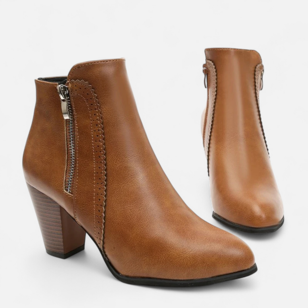 Women's Retro Ankle Boots with Chunky Heel and Zipper Detail