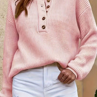 Women's Ribbed Henley Button-Neck Knit Sweater