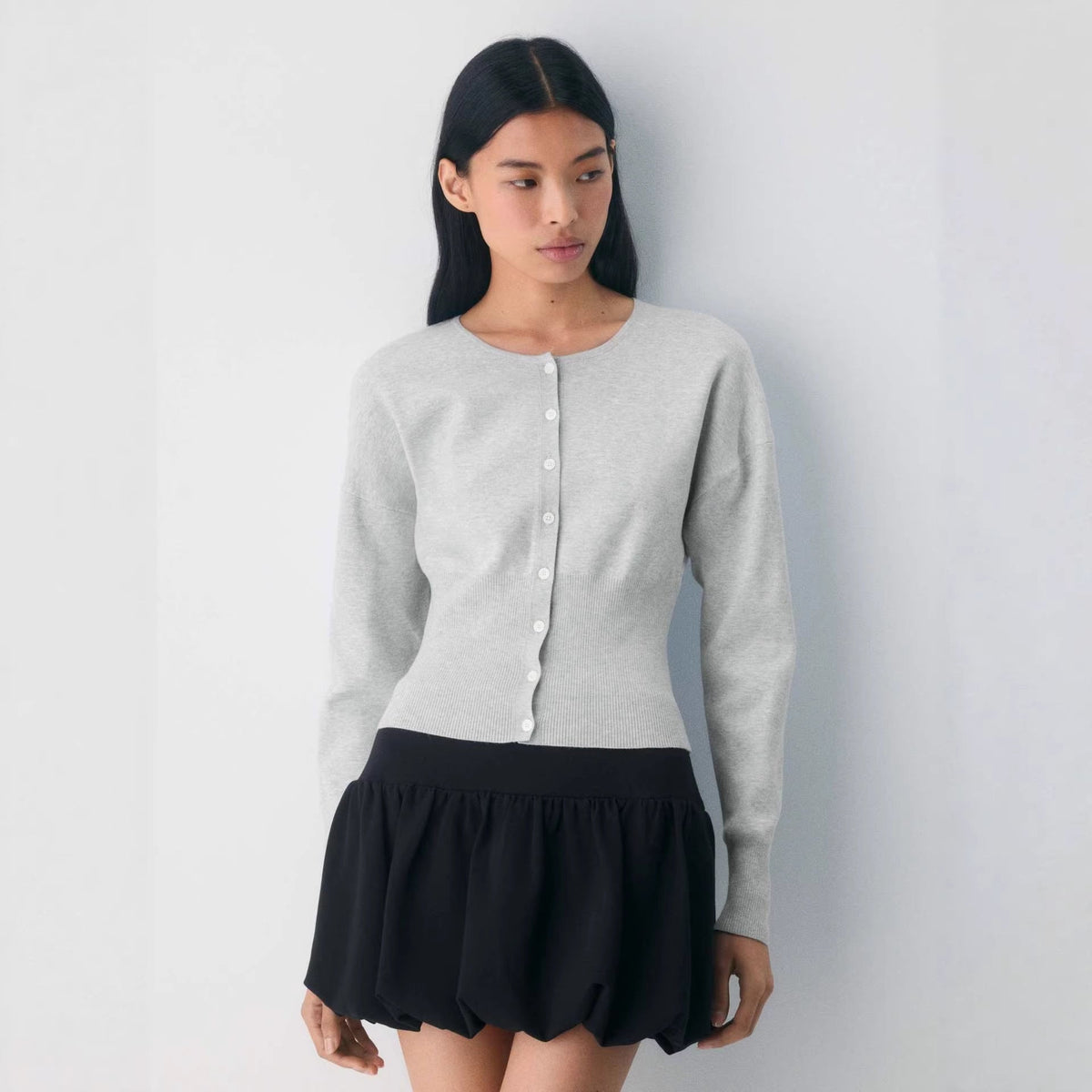Women's Ribbed Knit Cropped Cardigan with Button Placket