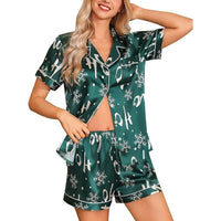 Women's Satin Pyjamas - Short Christmas Set with Button-Up Shirt and Shorts