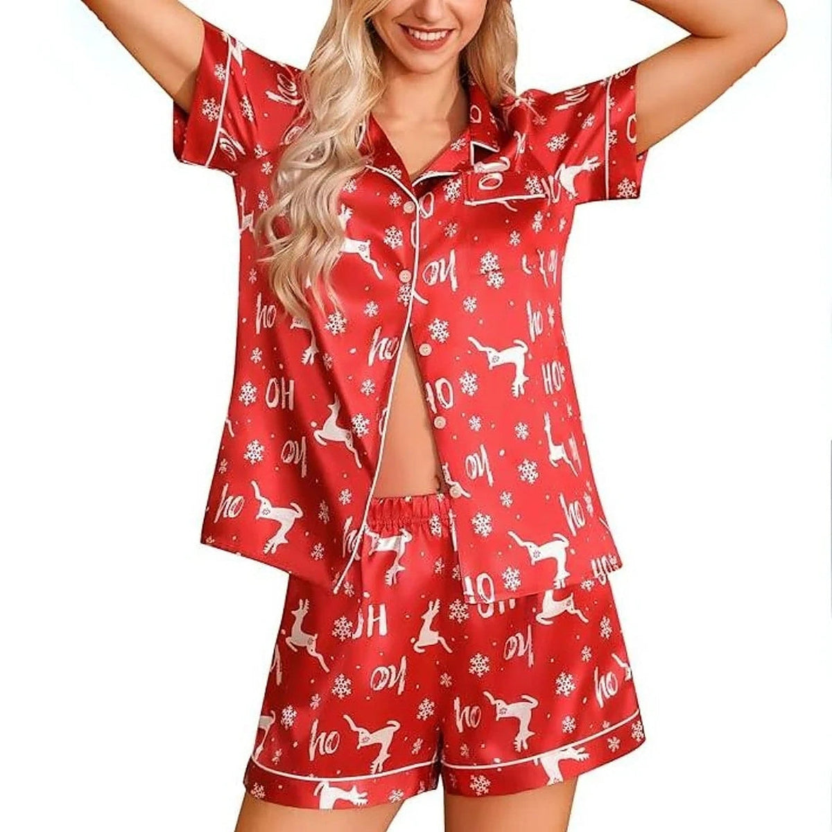 Women's Satin Pyjamas - Short Christmas Set with Button-Up Shirt and Shorts