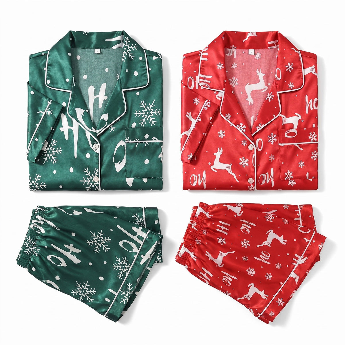 Women's Satin Pyjamas - Short Christmas Set with Button-Up Shirt and Shorts