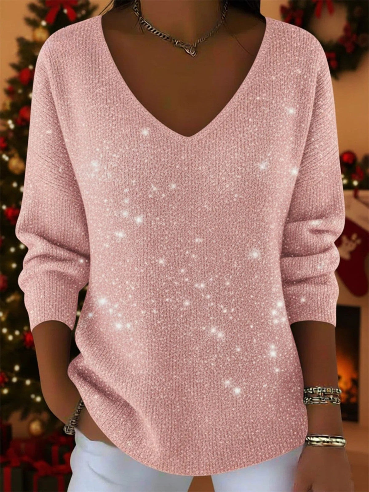 Women's Sequin V-Neck Christmas Jumper