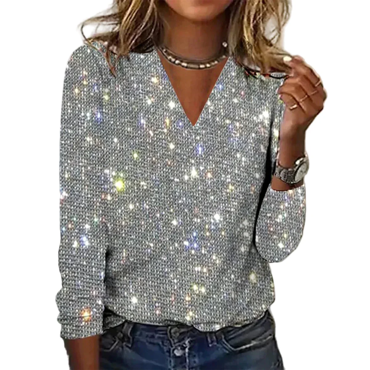 Women's Shiny V-Neck Sweater