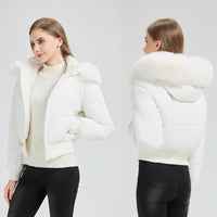 Women's Short Bomber Puffer Jacket with Hood and Removable Faux Fur Collar