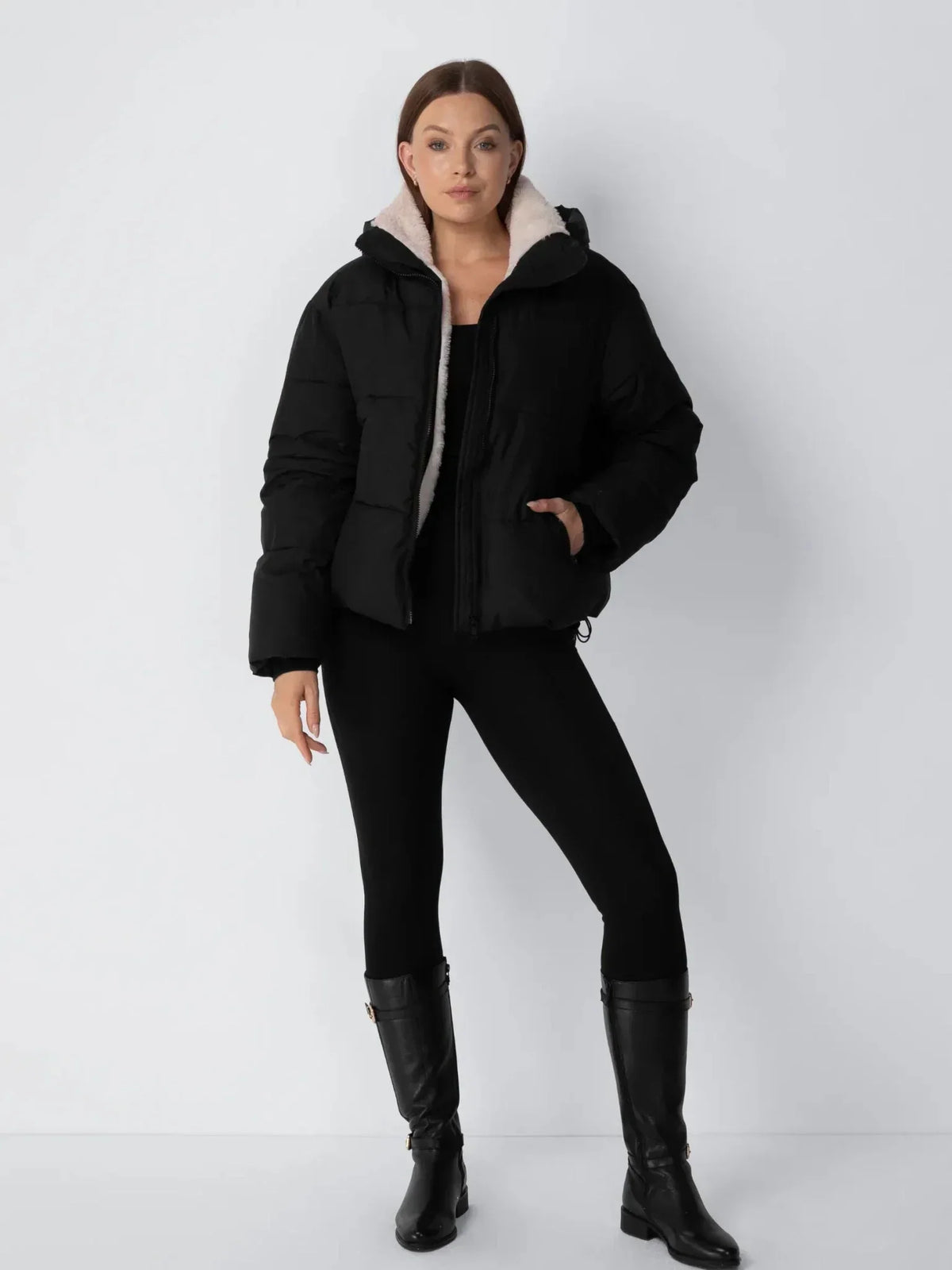 Women's Short Puffer Jacket with Detachable Hood - Warm Quilted Winter Jacket with Soft Faux Fur Lining & Zip Closure