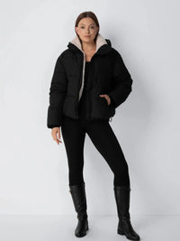Women's Short Puffer Jacket with Detachable Hood - Warm Quilted Winter Jacket with Soft Faux Fur Lining & Zip Closure