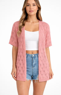 Women's Short-Sleeve Open-Front Crochet Knit Cardigan Sweater