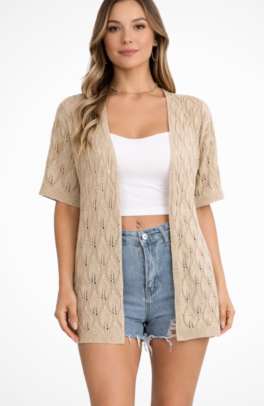 Women's Short-Sleeve Open-Front Crochet Knit Cardigan Sweater