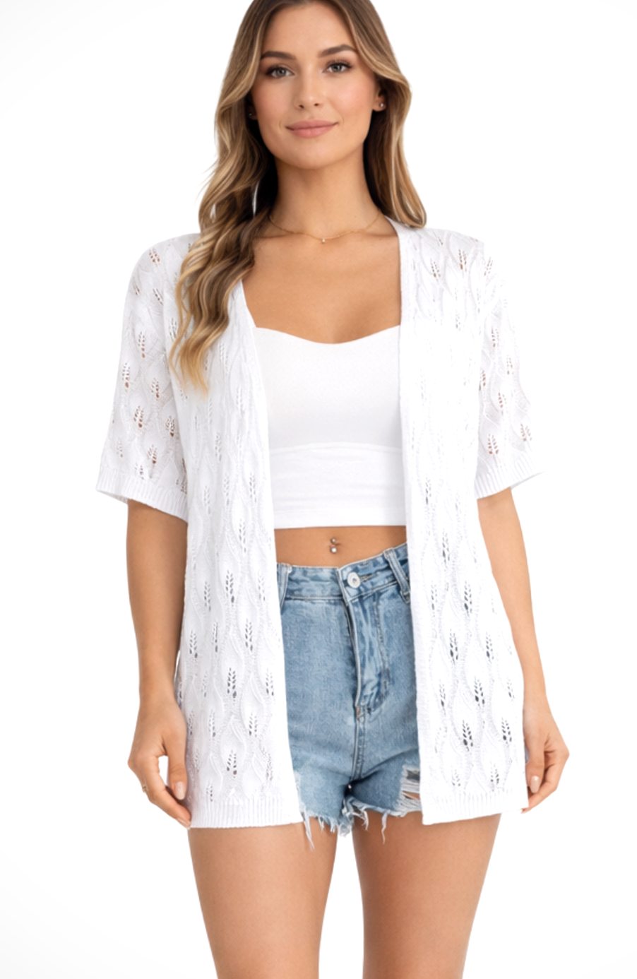 Women's Short-Sleeve Open-Front Crochet Knit Cardigan Sweater