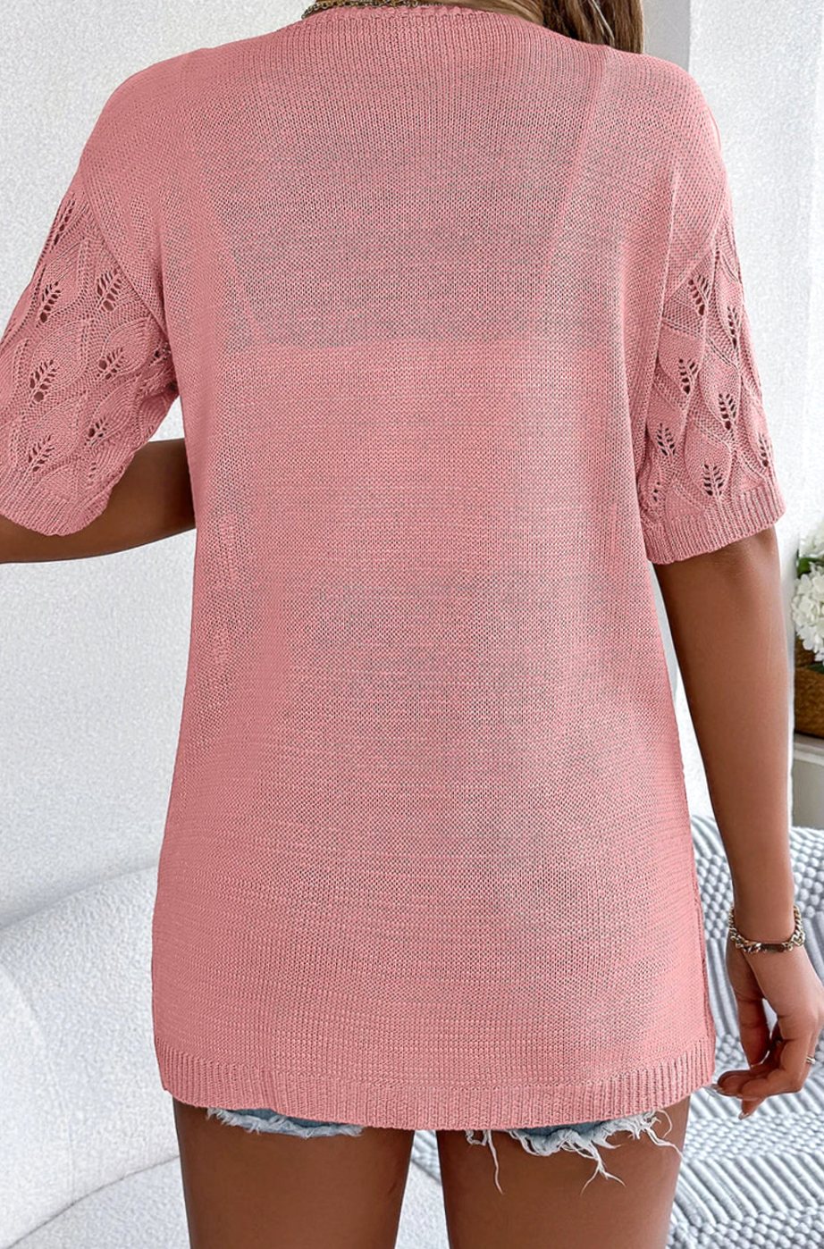 Women's Short-Sleeve Open-Front Crochet Knit Cardigan Sweater