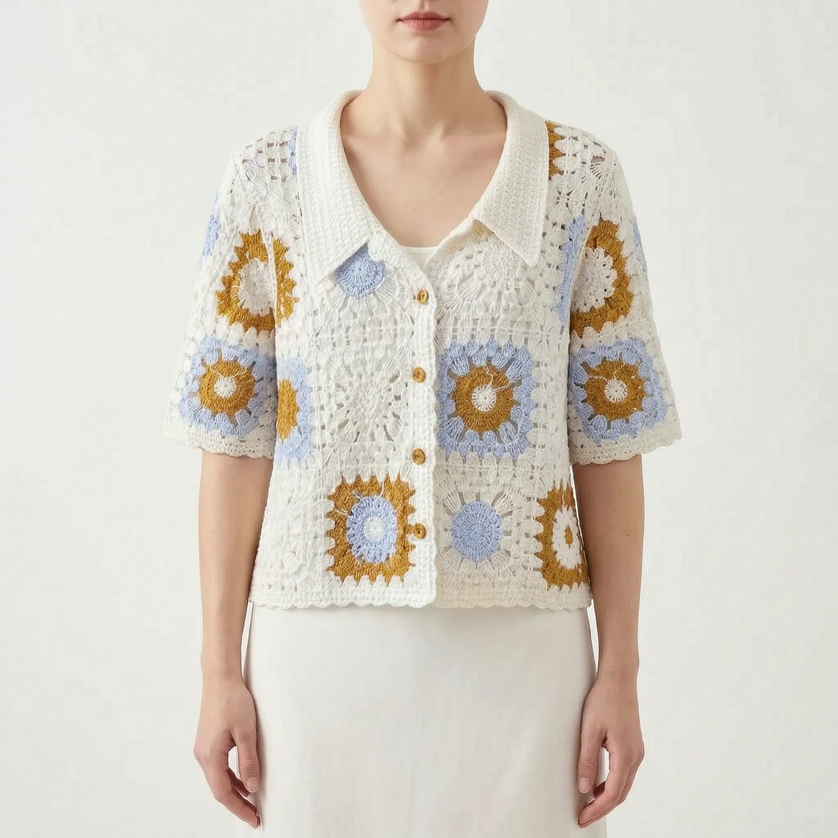 Women's Short-Sleeve Open-Knit Crochet Cardigan