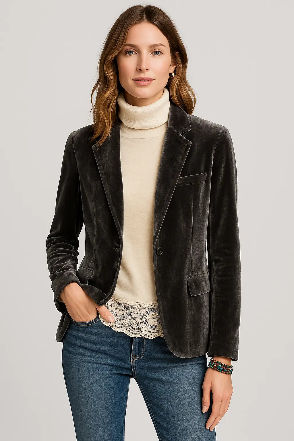 Women's Slim-Fit Velvet Blazer with Lapels