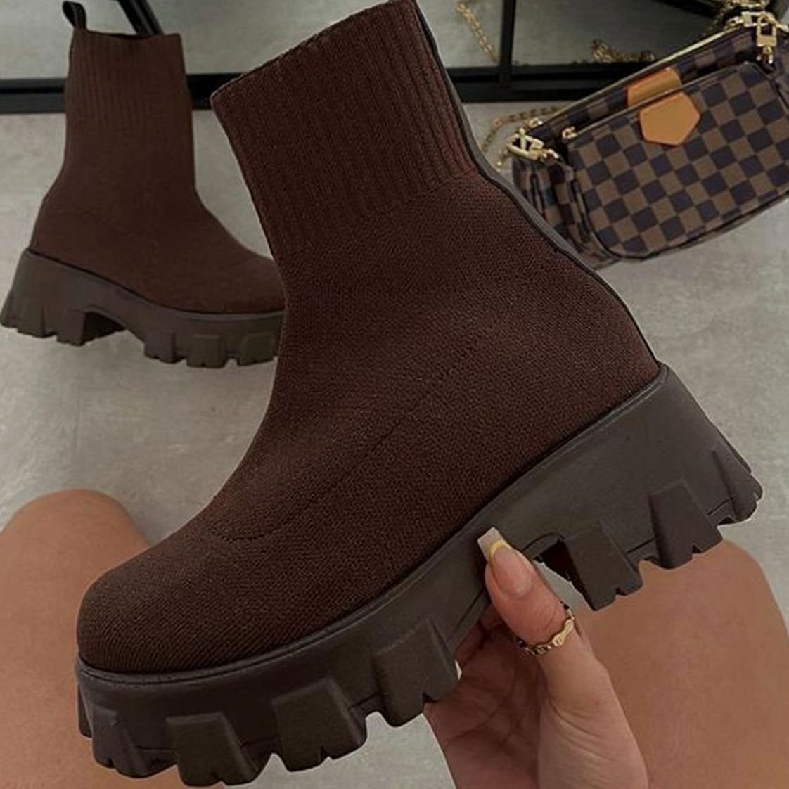 Women's Slip-On Chunky Heel Knit Sock Boots with Lug Sole