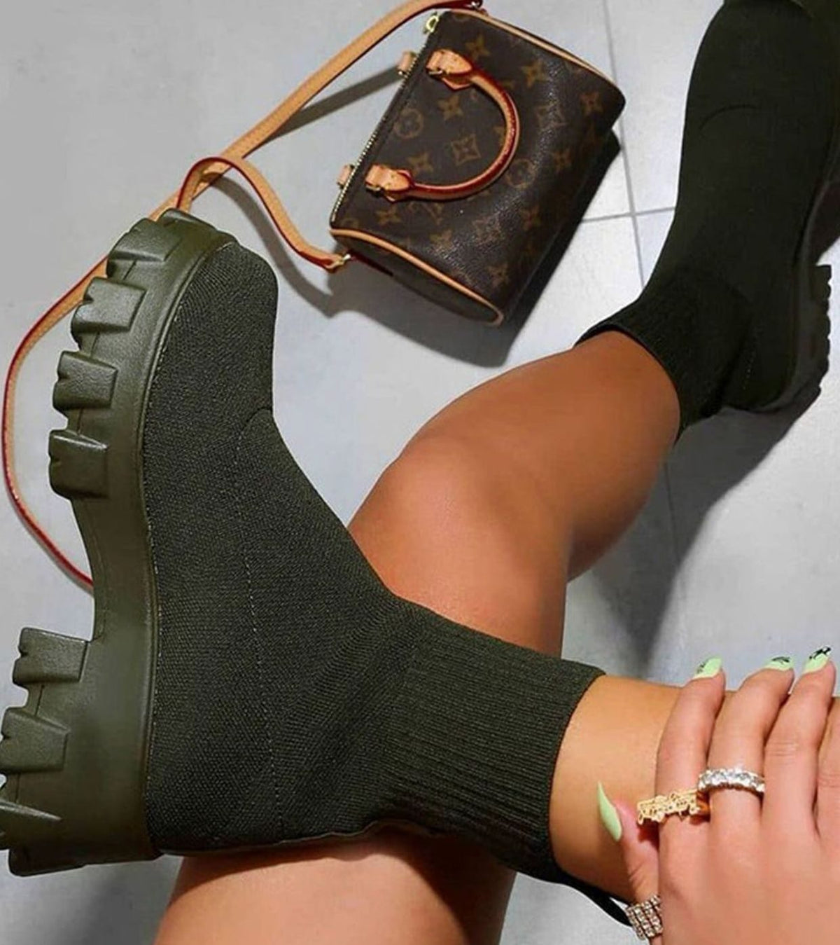 Women's Slip-On Chunky Heel Knit Sock Boots with Lug Sole