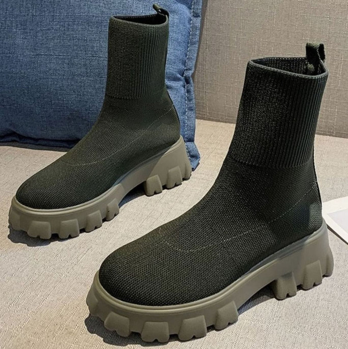 Women's Slip-On Chunky Heel Knit Sock Boots with Lug Sole