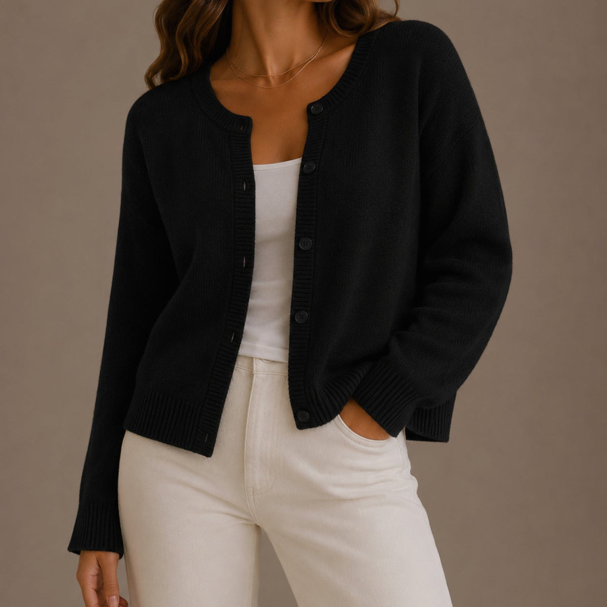 Women's Soft Knit Button-Up Round Neck Cardigan Sweater
