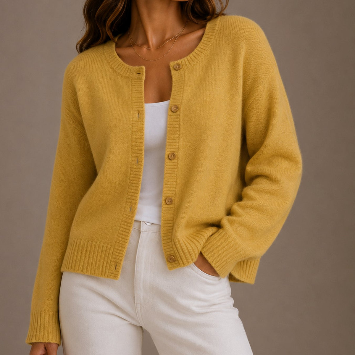 Women's Soft Knit Button-Up Round Neck Cardigan Sweater