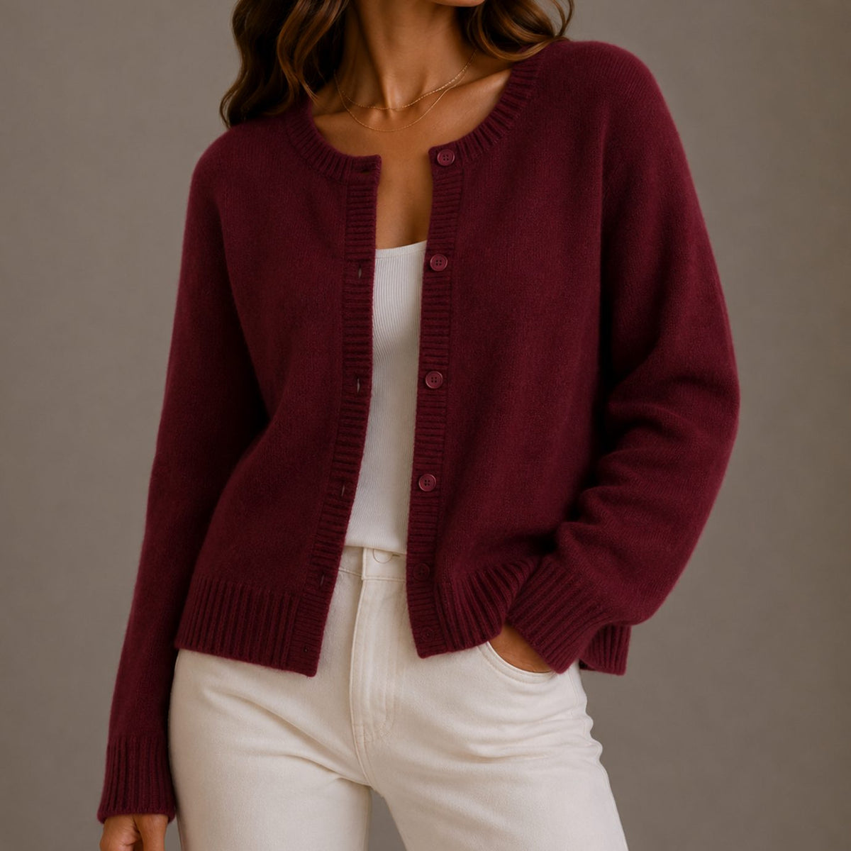 Women's Soft Knit Button-Up Round Neck Cardigan Sweater