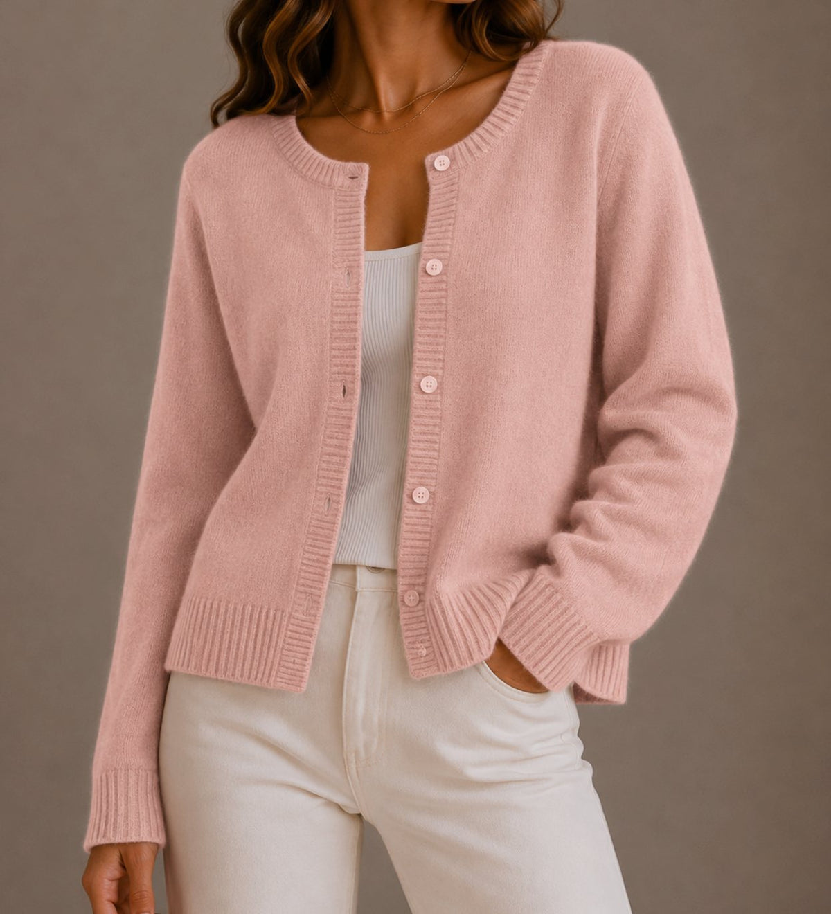 Women's Soft Knit Button-Up Round Neck Cardigan Sweater