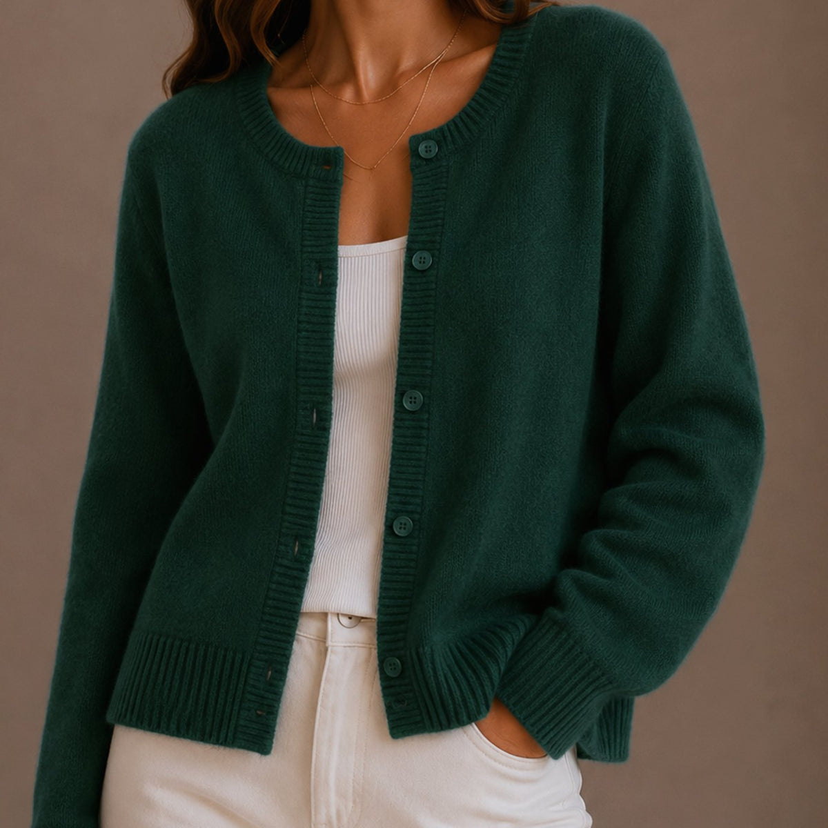 Women's Soft Knit Button-Up Round Neck Cardigan Sweater