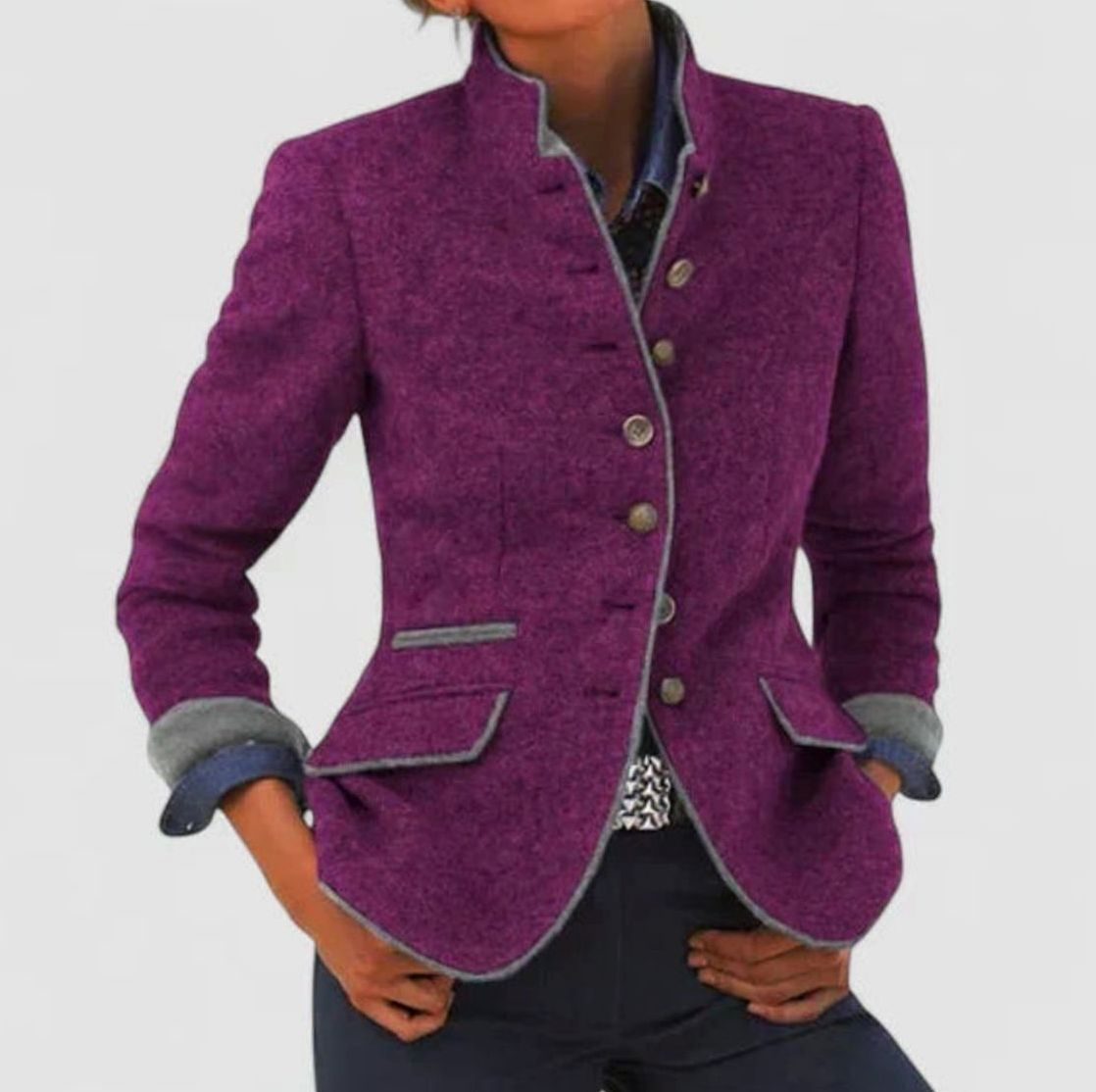 Women's Stand-Collar Button-Up Cardigan Blazer