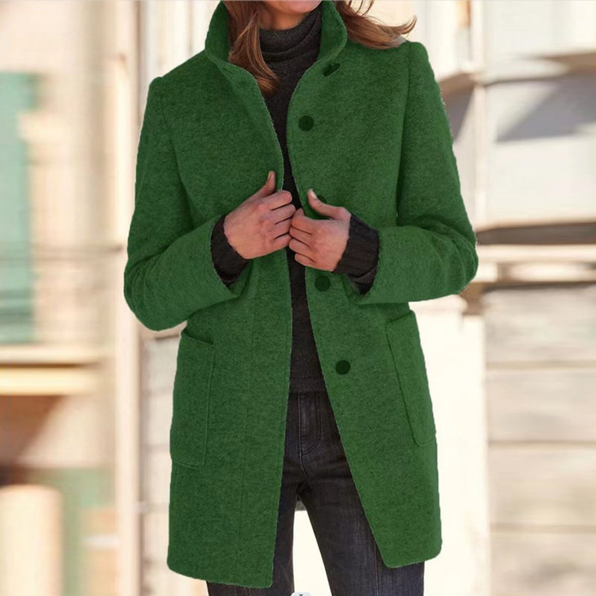 Women's Stand Collar Coat with Three-Button Closure