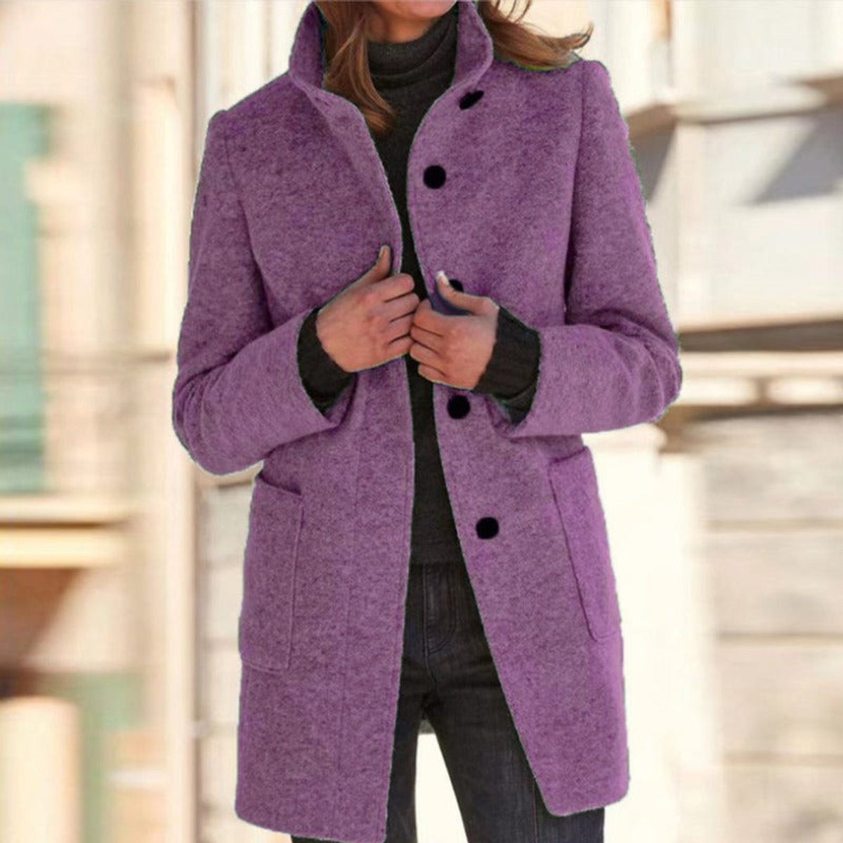 Women's Stand Collar Coat with Three-Button Closure