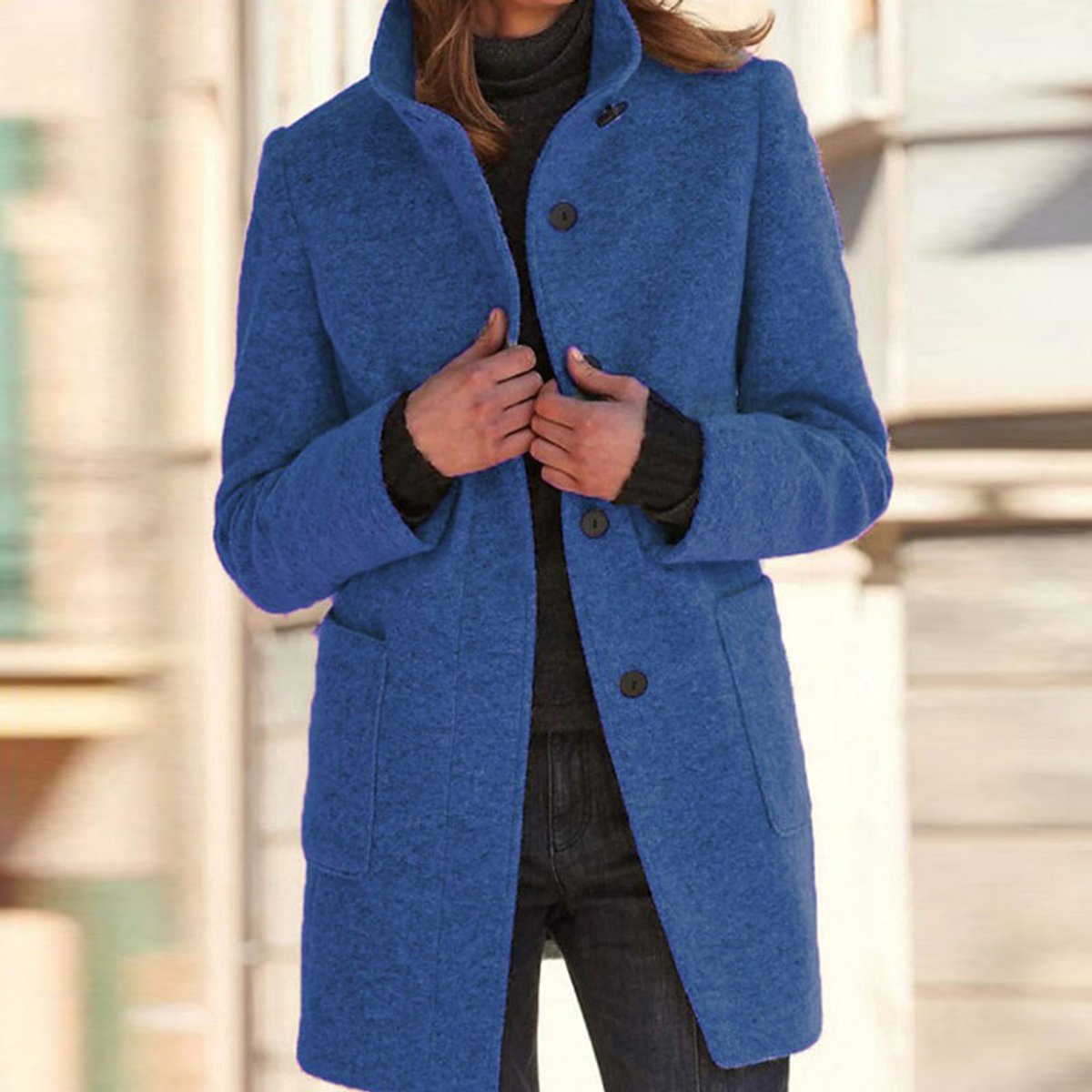 Women's Stand Collar Coat with Three-Button Closure