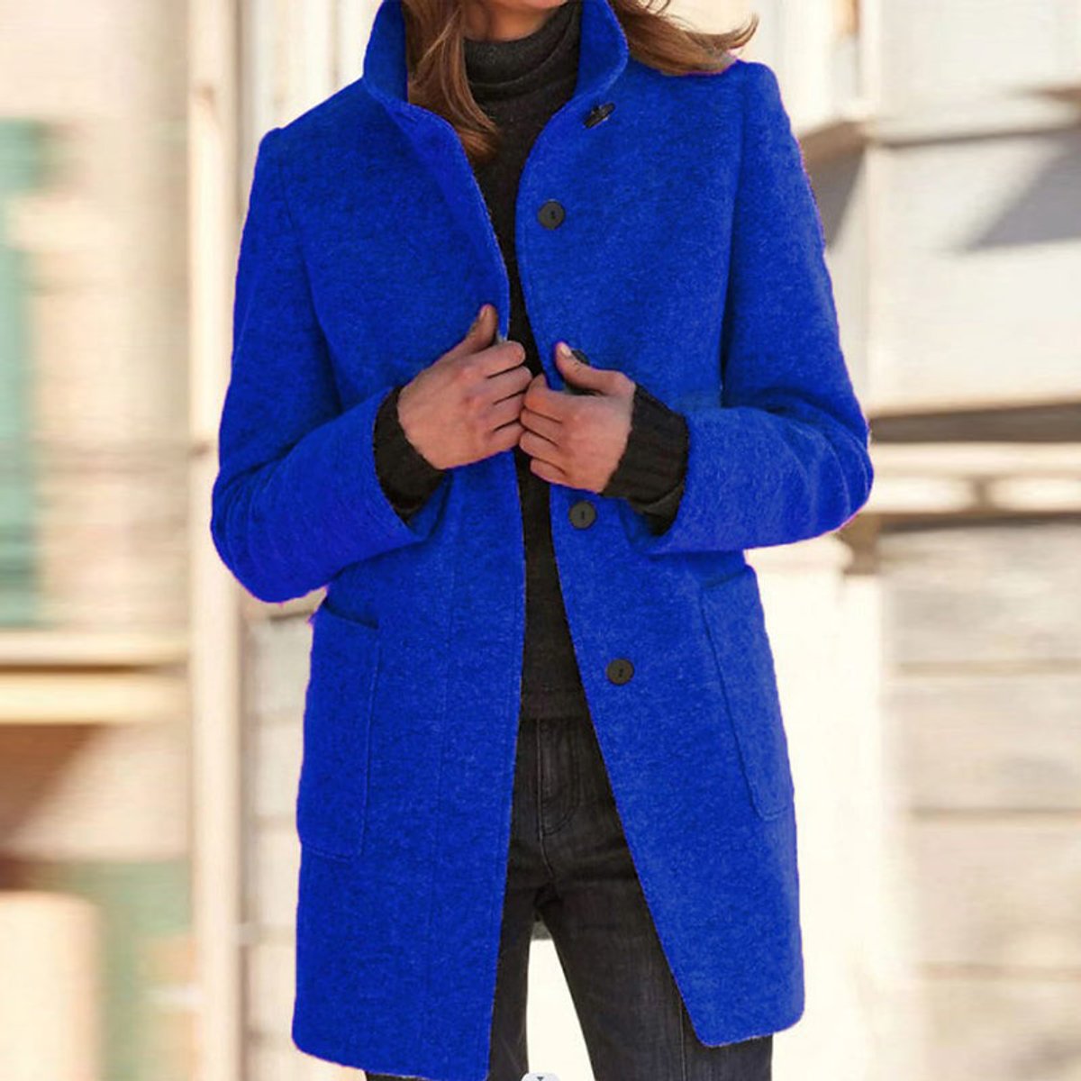 Women's Stand Collar Coat with Three-Button Closure