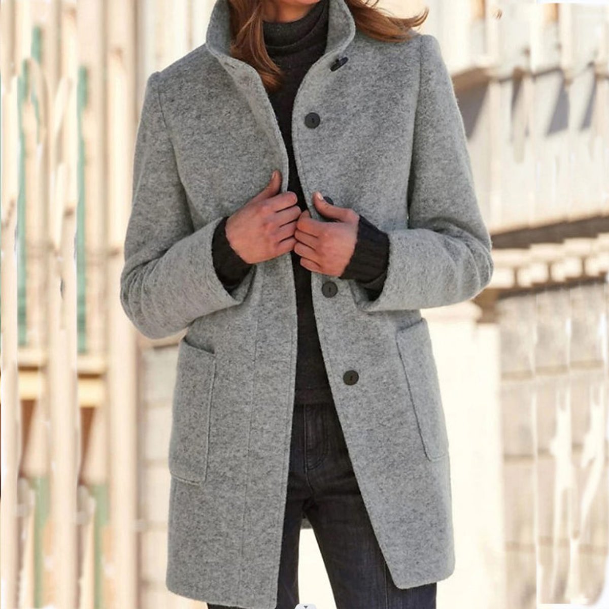 Women's Stand Collar Coat with Three-Button Closure