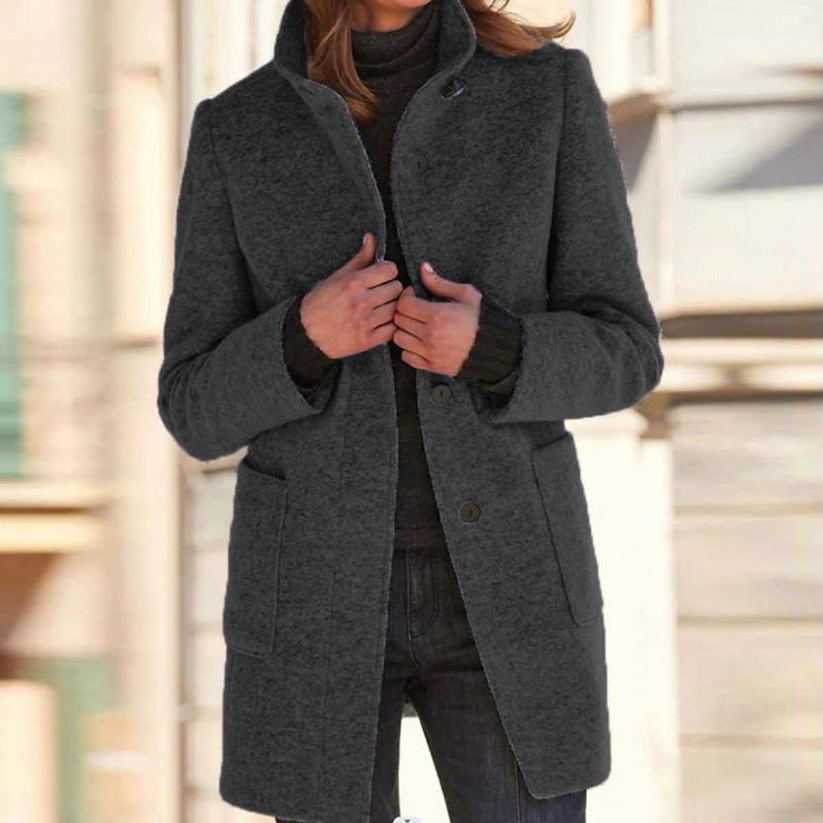 Women's Stand Collar Coat with Three-Button Closure
